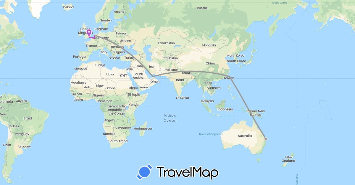 TravelMap itinerary: driving, plane, train in United Arab Emirates, Australia, Belgium, United Kingdom, Netherlands, Taiwan (Asia, Europe, Oceania)