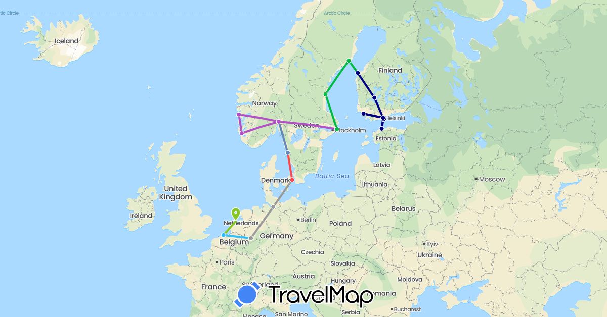 TravelMap itinerary: driving, bus, plane, cycling, train, hiking, boat, electric vehicle in Belgium, Germany, Denmark, Estonia, Finland, Netherlands, Norway, Sweden (Europe)